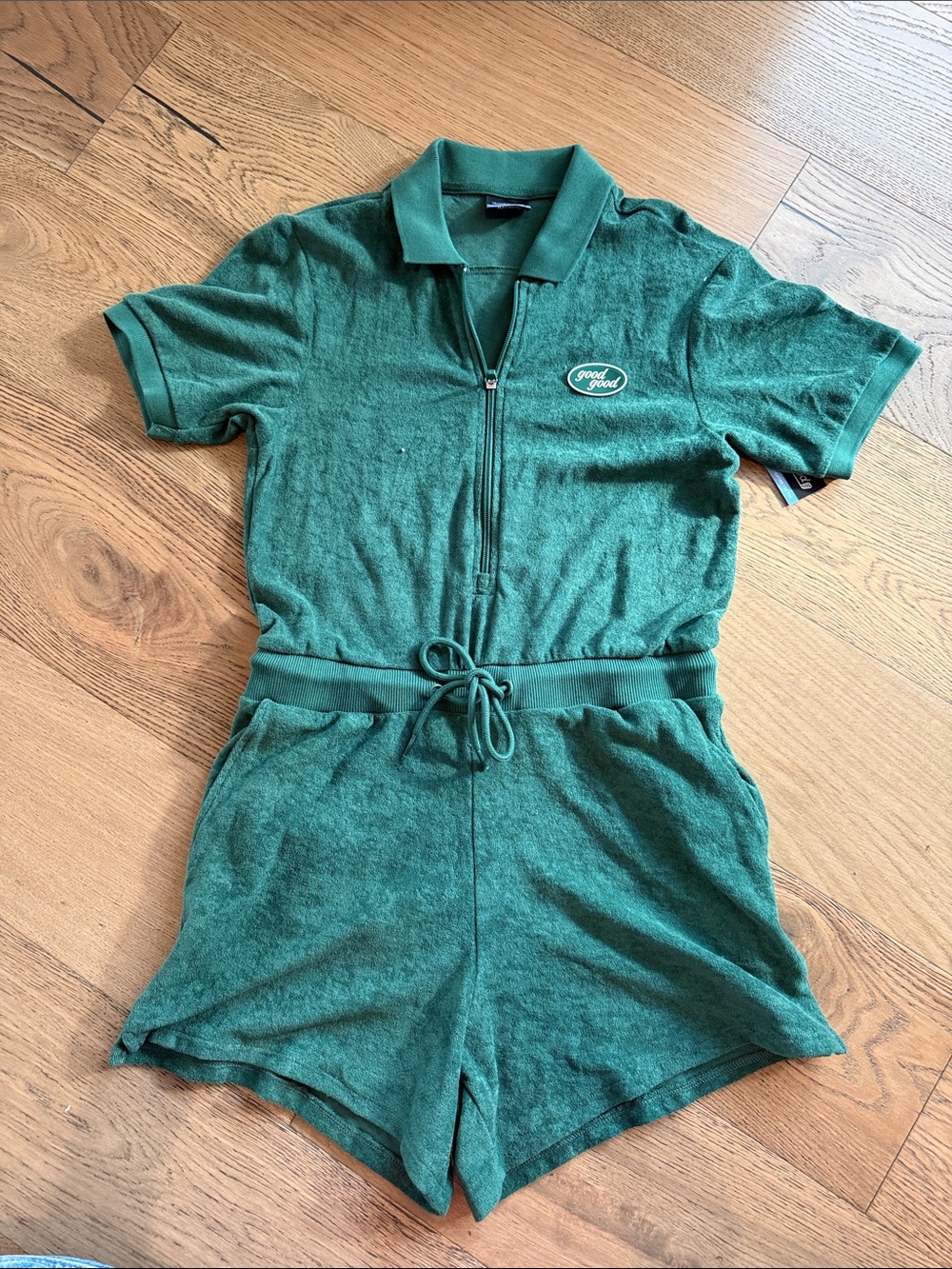 Green Terry Polo Romper with Drawstring Waist